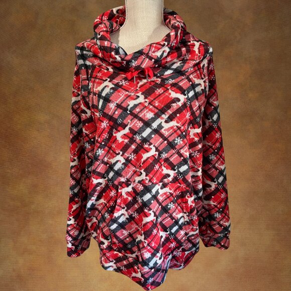 Cuddl Duds Red Plaid Reindeer Cowl Neck Pullover Holiday Top Women’s Large - Picture 2 of 7